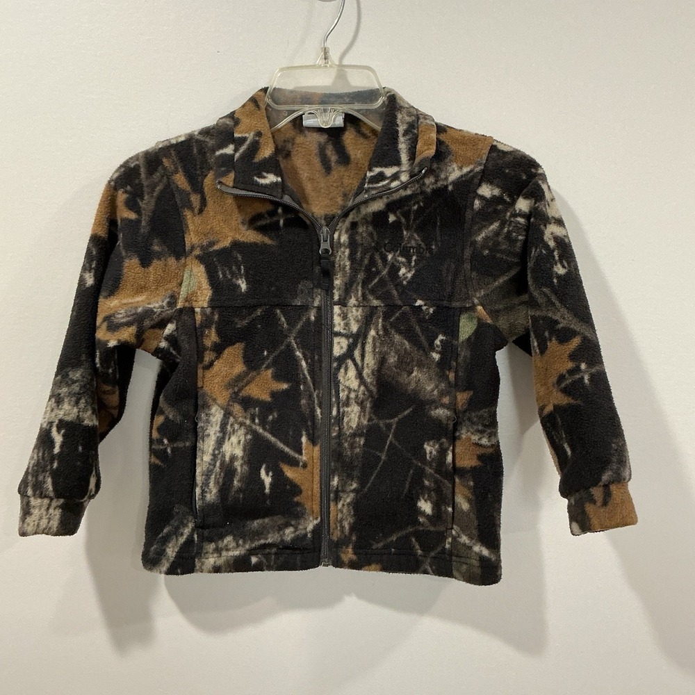 Columbia Camo Fleece Hunting Jacket Youth 6 / 7 Full Zip Black Logo Pockets Coat